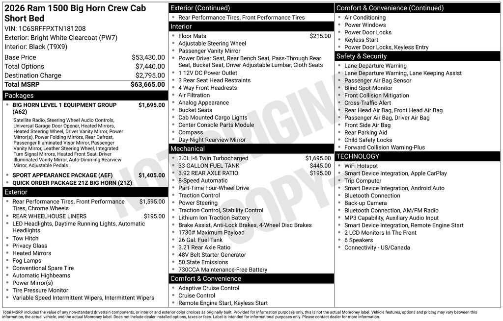 2026 RAM Ram 1500 RAM 1500 BIG HORN CREW CAB 4X4 5'7' BOX