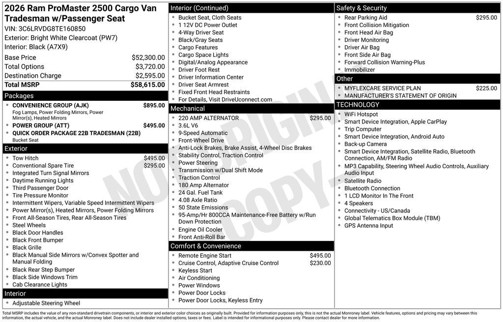 2026 RAM ProMaster 2500 RAM PROMASTER 2500 TRADESMAN CARGO VAN HIGH ROOF 159' WB