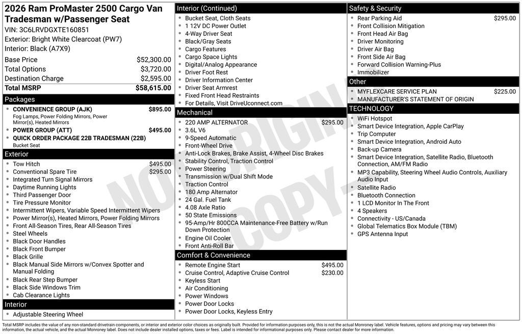 2026 RAM ProMaster 2500 RAM PROMASTER 2500 TRADESMAN CARGO VAN HIGH ROOF 159' WB